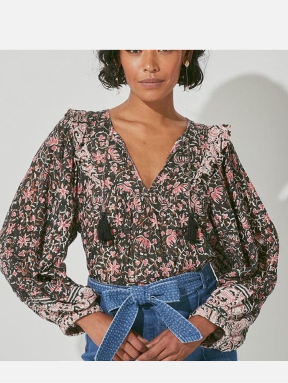 Cleobella Brynlee Black and Pink Floral V-Neck Peasant Ruffle Blouse